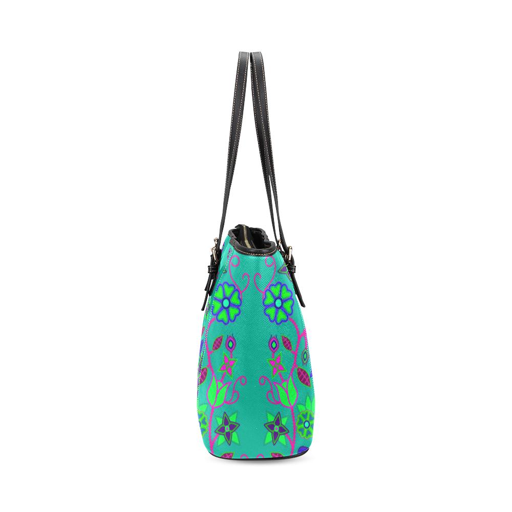 Floral Beadwork Seven Clans Teal Leather Tote Bag/Large (Model 1640) Leather Tote Bag (1640) e-joyer
