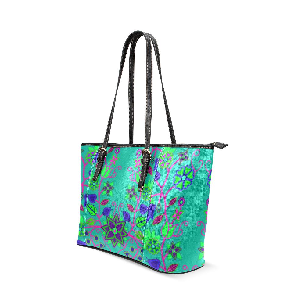 Floral Beadwork Seven Clans Teal Leather Tote Bag/Large (Model 1640) Leather Tote Bag (1640) e-joyer