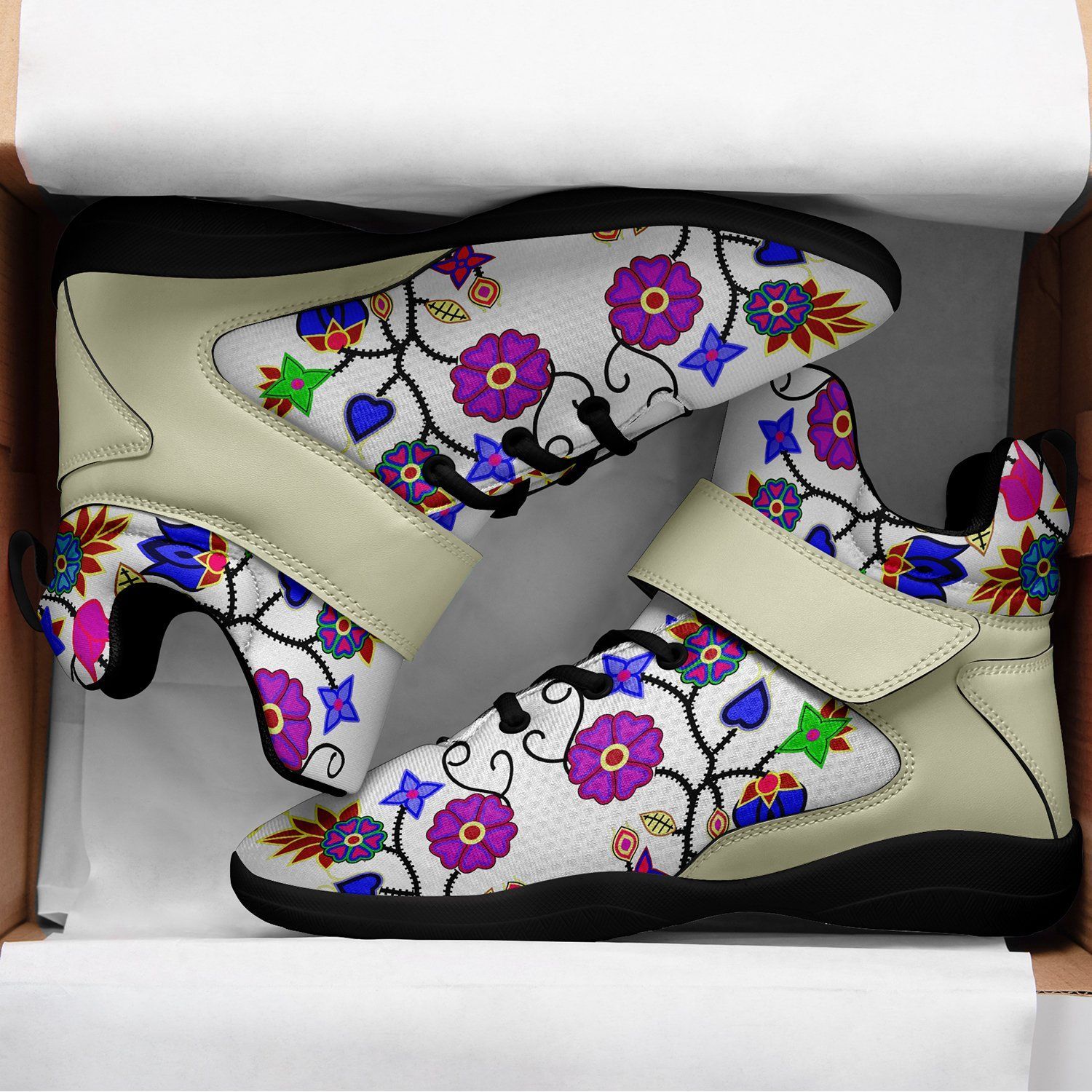 Floral Beadwork Seven Clans White Ipottaa Basketball / Sport High Top Shoes - Black Sole 49 Dzine