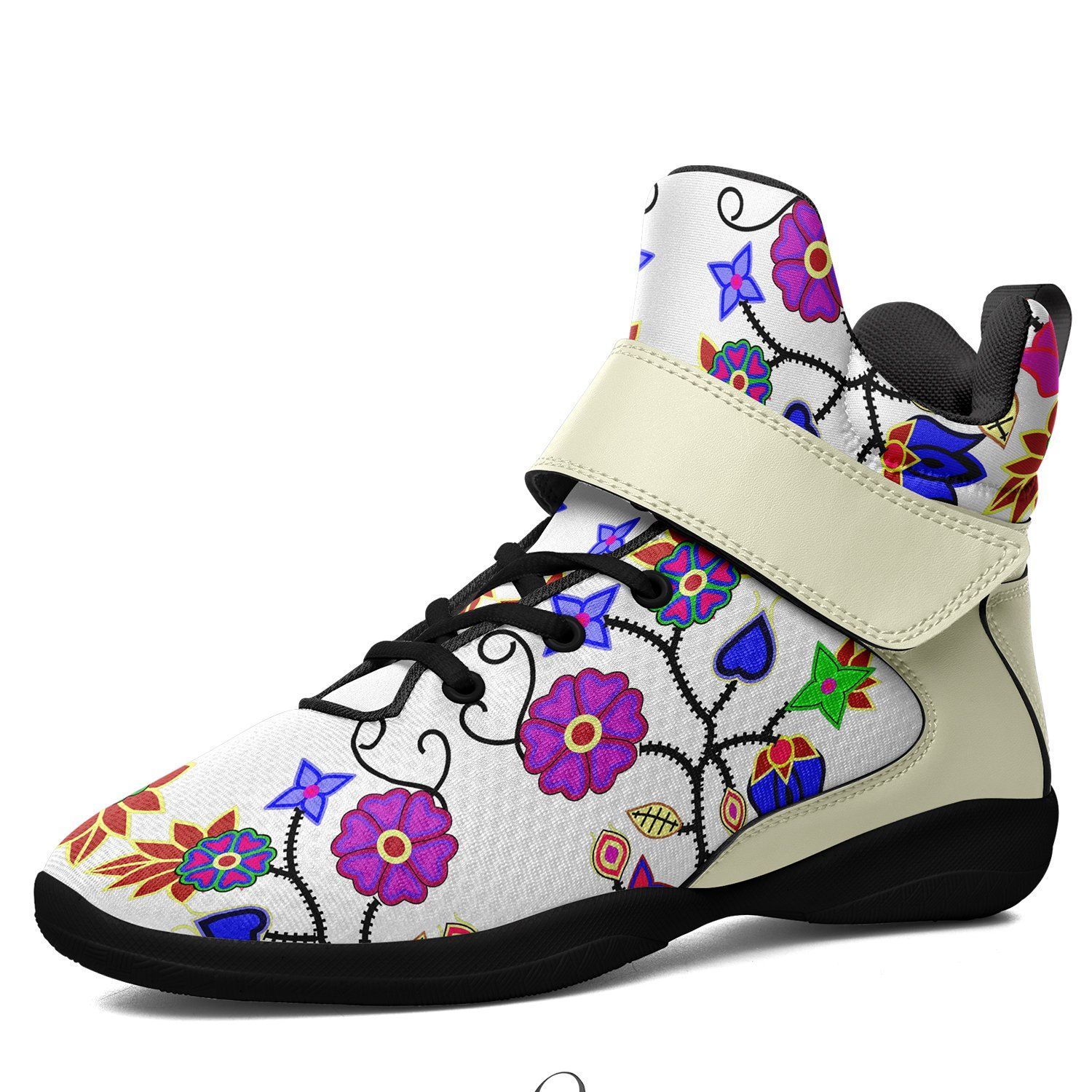 Floral Beadwork Seven Clans White Kid's Ipottaa Basketball / Sport High Top Shoes 49 Dzine US Child 12.5 / EUR 30 Black Sole with Cream Strap 