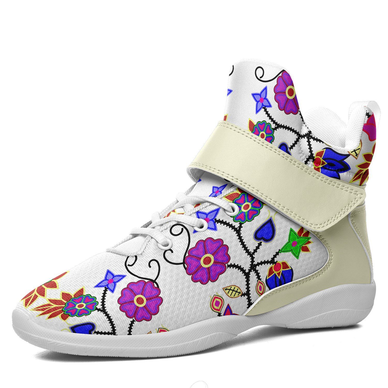 Floral Beadwork Seven Clans White Kid's Ipottaa Basketball / Sport High Top Shoes 49 Dzine US Child 12.5 / EUR 30 White Sole with Cream Strap 