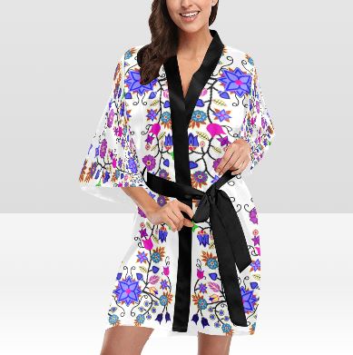 Floral Beadwork Seven Clans White Kimono Robe Artsadd