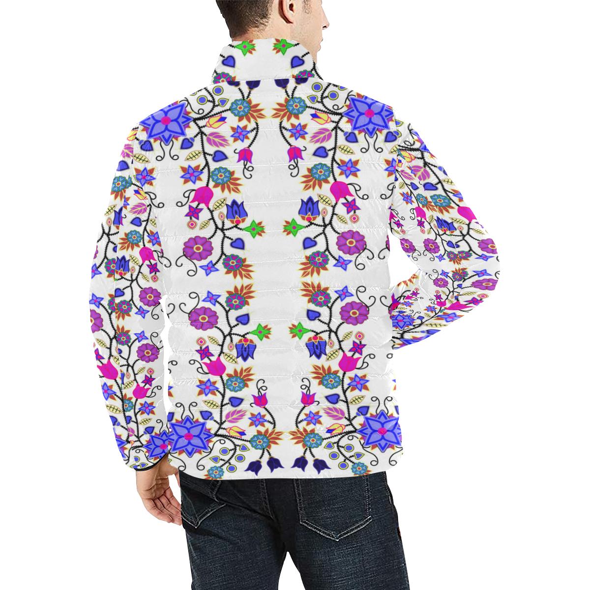 Floral Beadwork Seven Clans White Men's Stand Collar Padded Jacket (Model H41) Men's Stand Collar Padded Jacket (H41) e-joyer