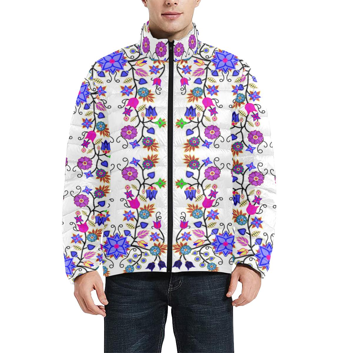 Floral Beadwork Seven Clans White Men's Stand Collar Padded Jacket (Model H41) Men's Stand Collar Padded Jacket (H41) e-joyer