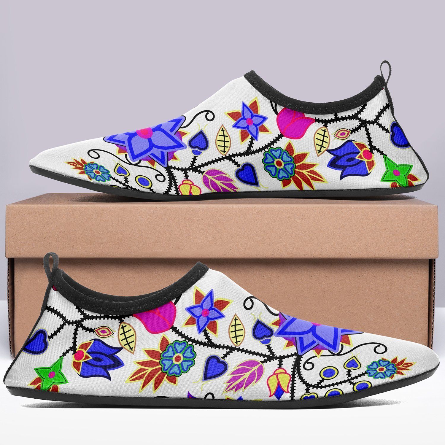 Floral Beadwork Seven Clans White Sockamoccs Kid's Slip On Shoes 49 Dzine