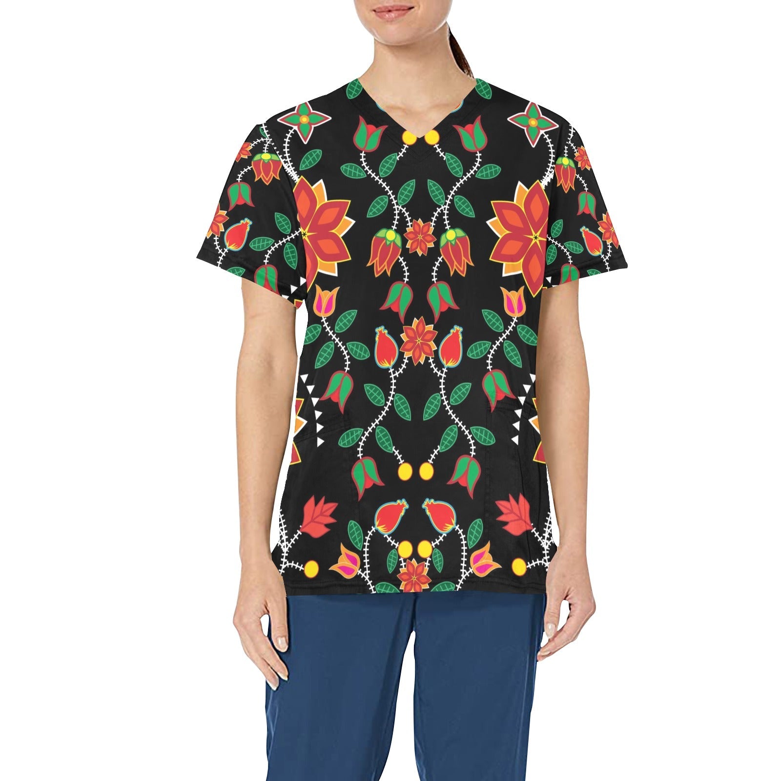 Floral Beadwork Six Bands All Over Print Scrub Top Scrub Top e-joyer