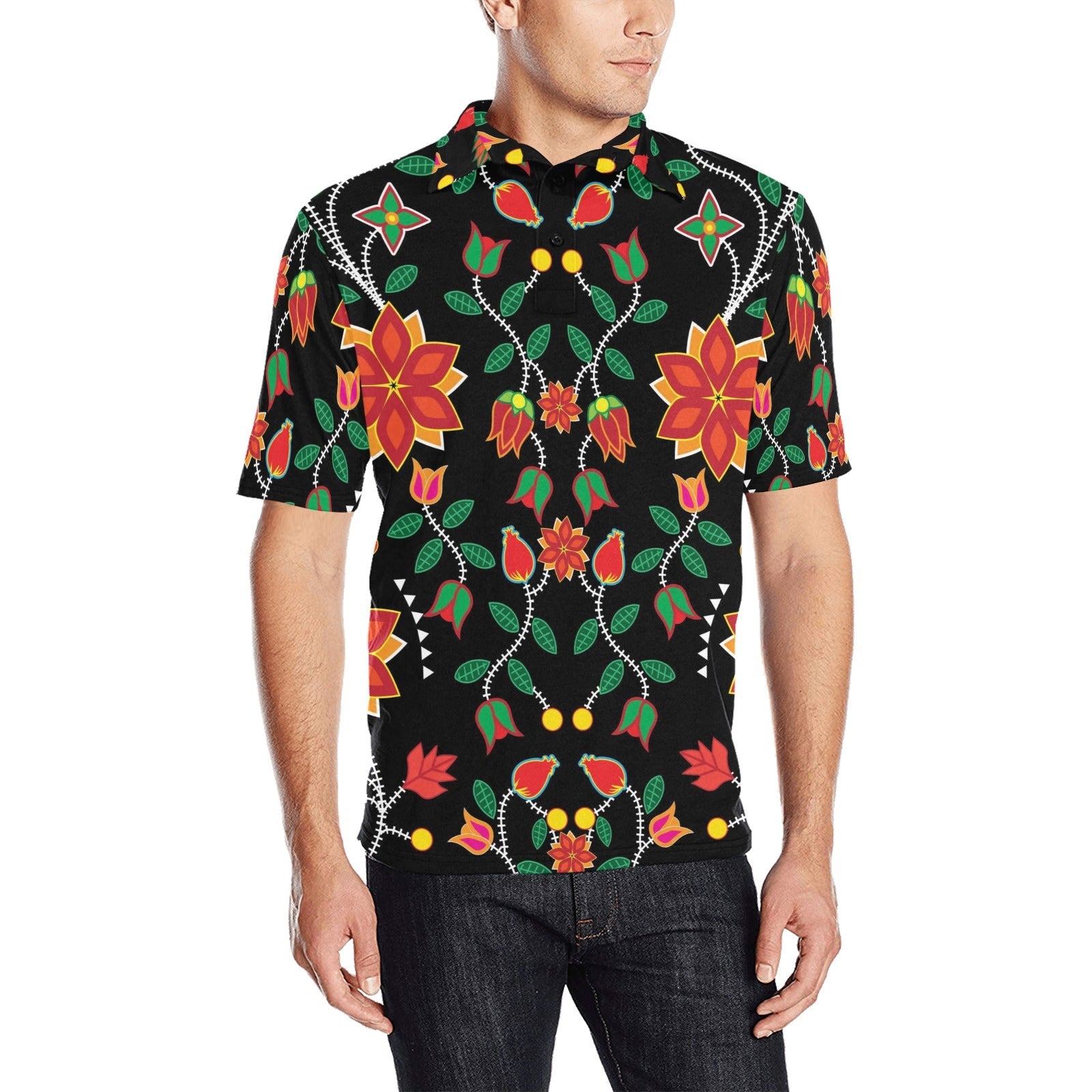 Floral Beadwork Six Bands Men's All Over Print Polo Shirt (Model T55) Men's Polo Shirt (Model T55) e-joyer