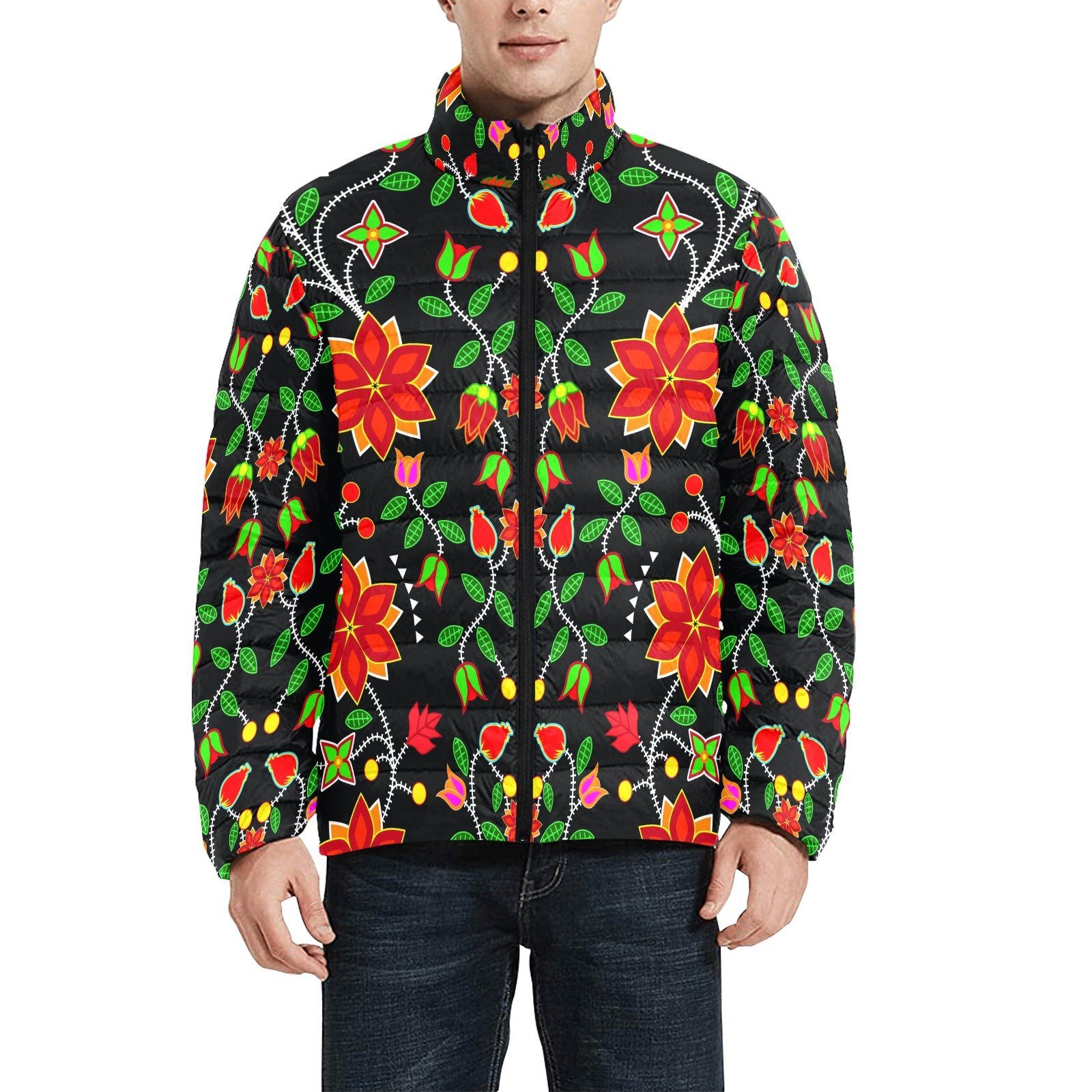 Floral Beadwork Six Bands Men's Stand Collar Padded Jacket (Model H41) Men's Stand Collar Padded Jacket (H41) e-joyer
