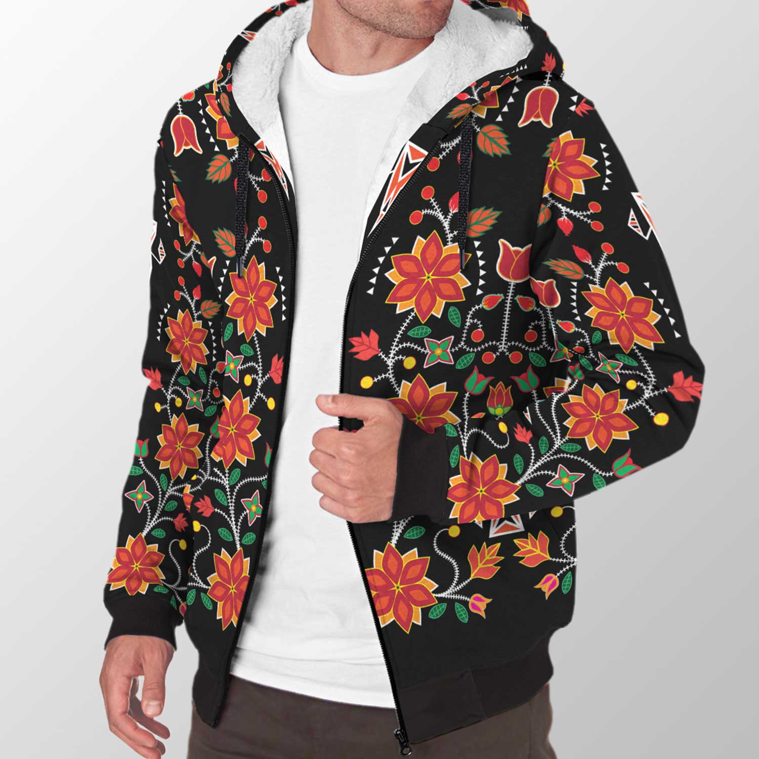 Floral Beadwork Six Bands Sherpa Hoodie 49 Dzine