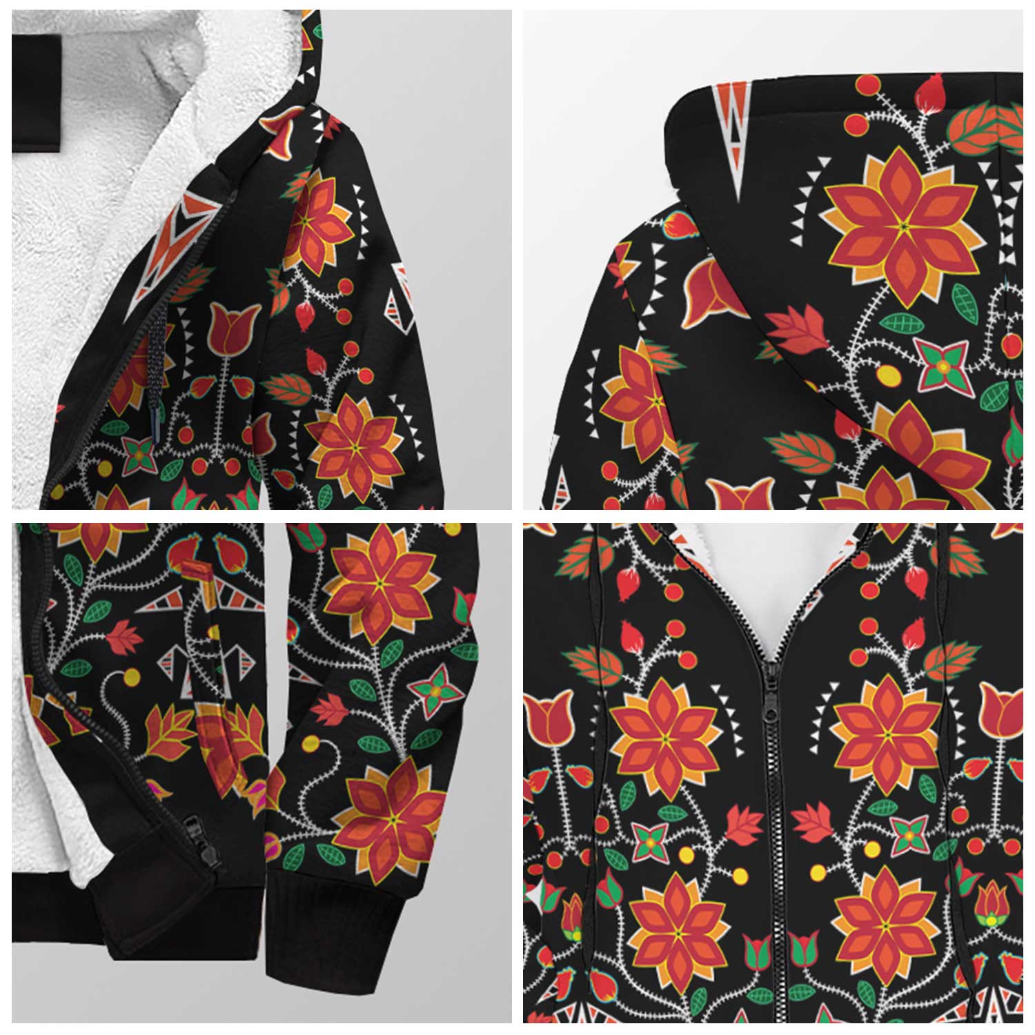 Floral Beadwork Six Bands Sherpa Hoodie 49 Dzine
