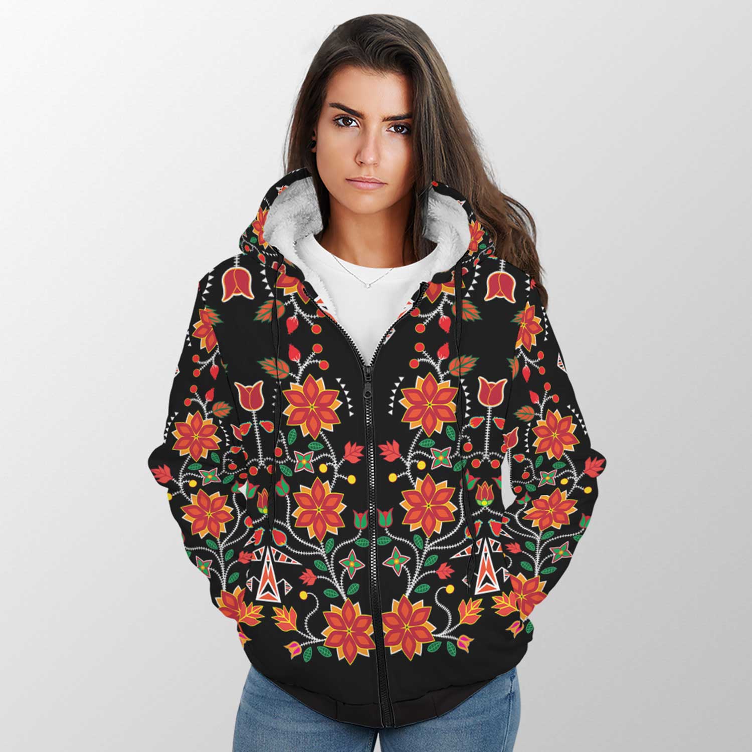 Floral Beadwork Six Bands Sherpa Hoodie 49 Dzine