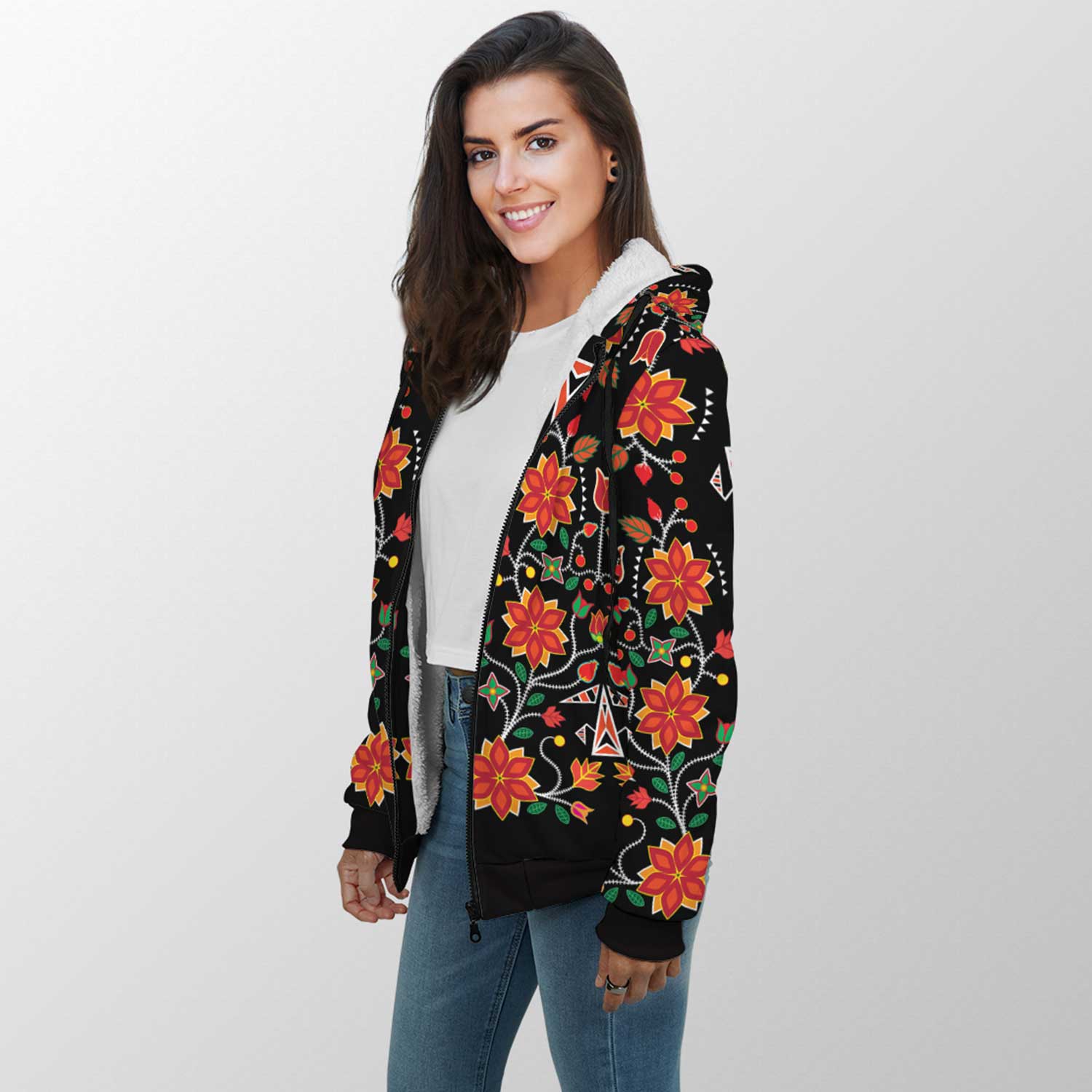 Floral Beadwork Six Bands Sherpa Hoodie 49 Dzine