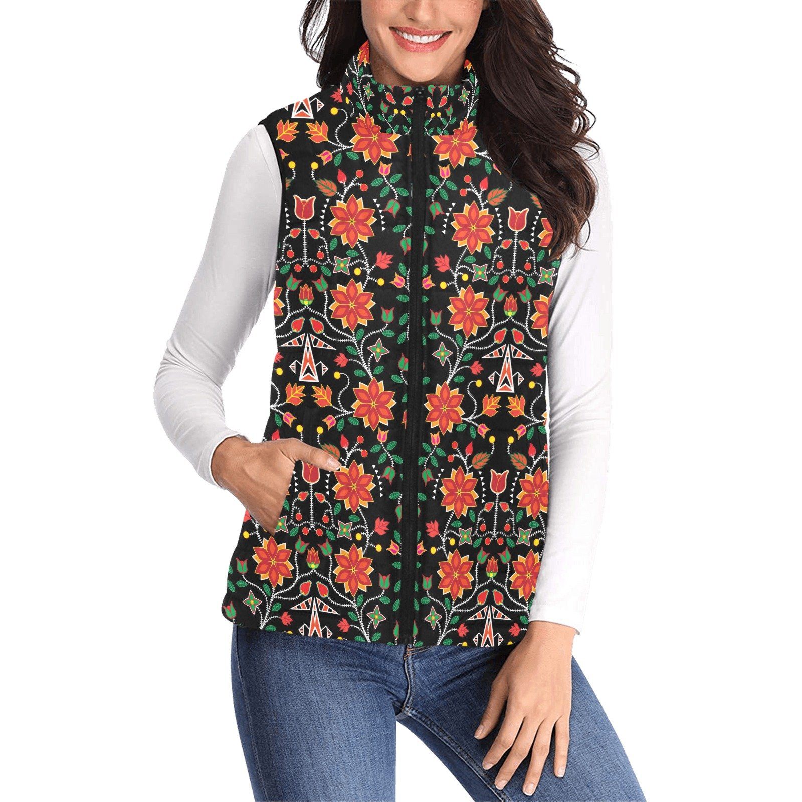Floral Beadwork Six Bands Women's Padded Vest Jacket (Model H44) Women's Padded Vest Jacket (H44) e-joyer