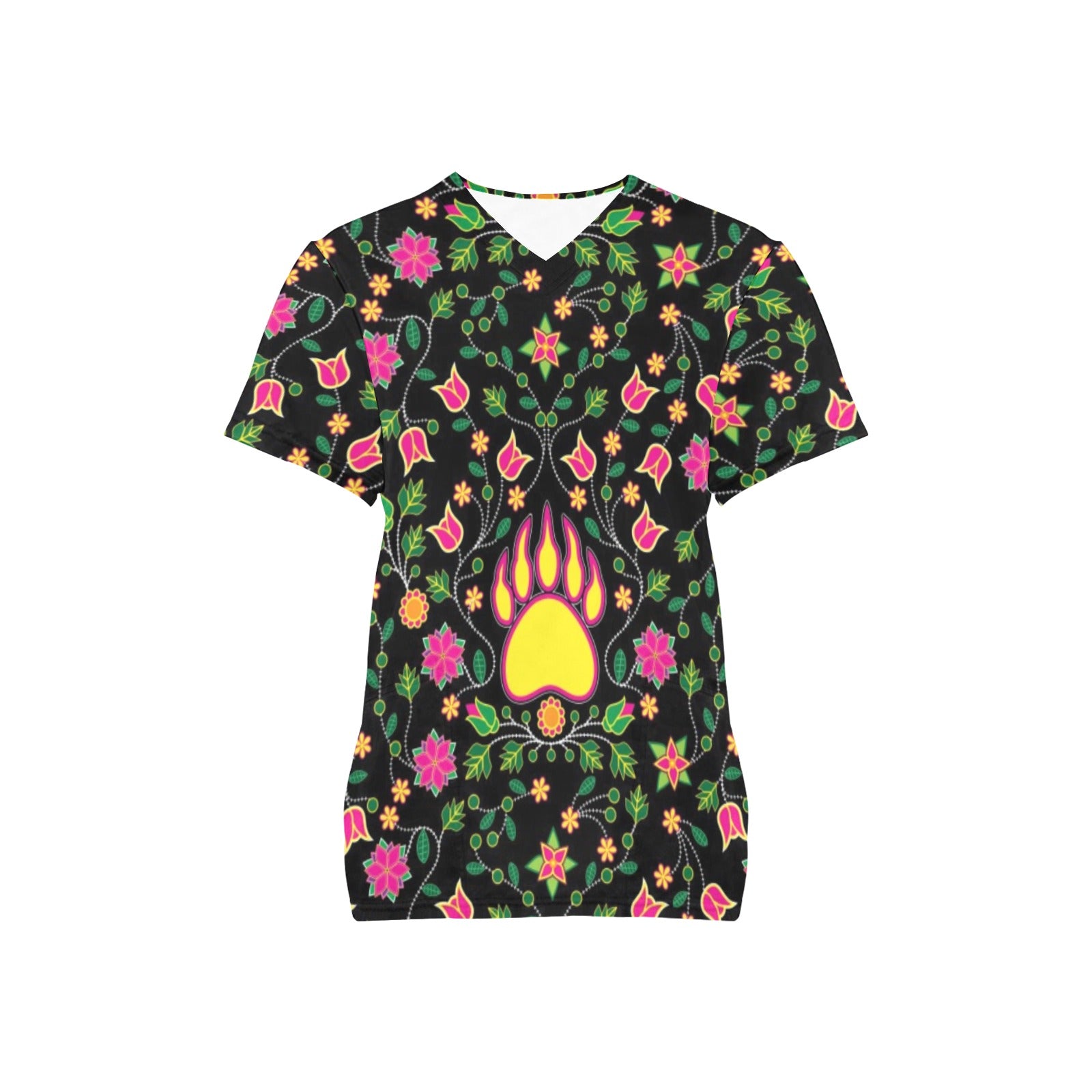 Floral Bearpaw Pink and Yellow All Over Print Scrub Top Scrub Top e-joyer