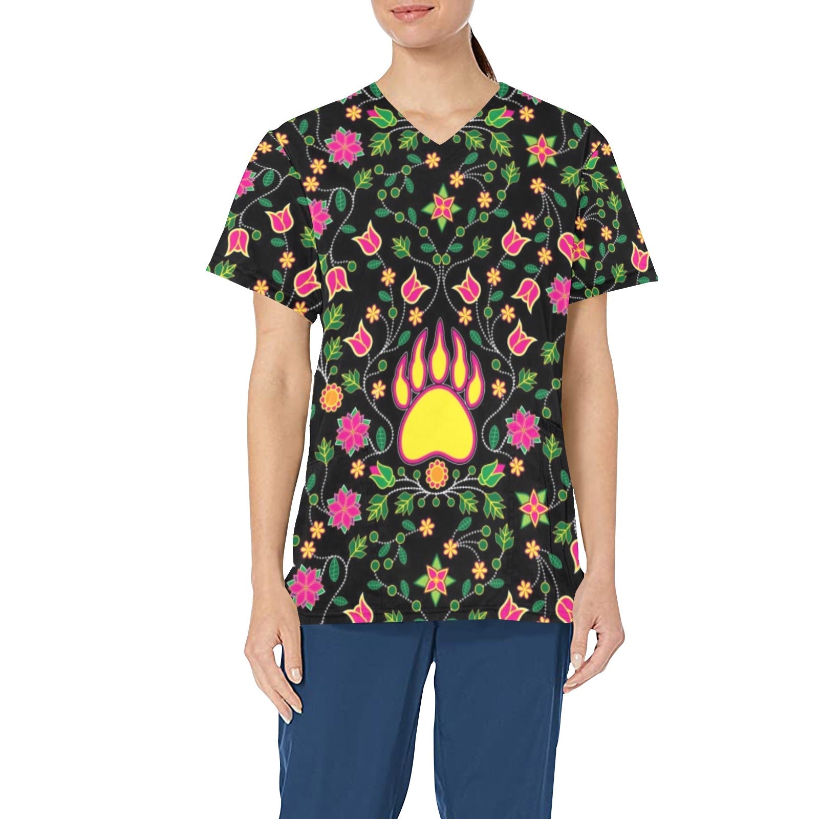Floral Bearpaw Pink and Yellow All Over Print Scrub Top Scrub Top e-joyer