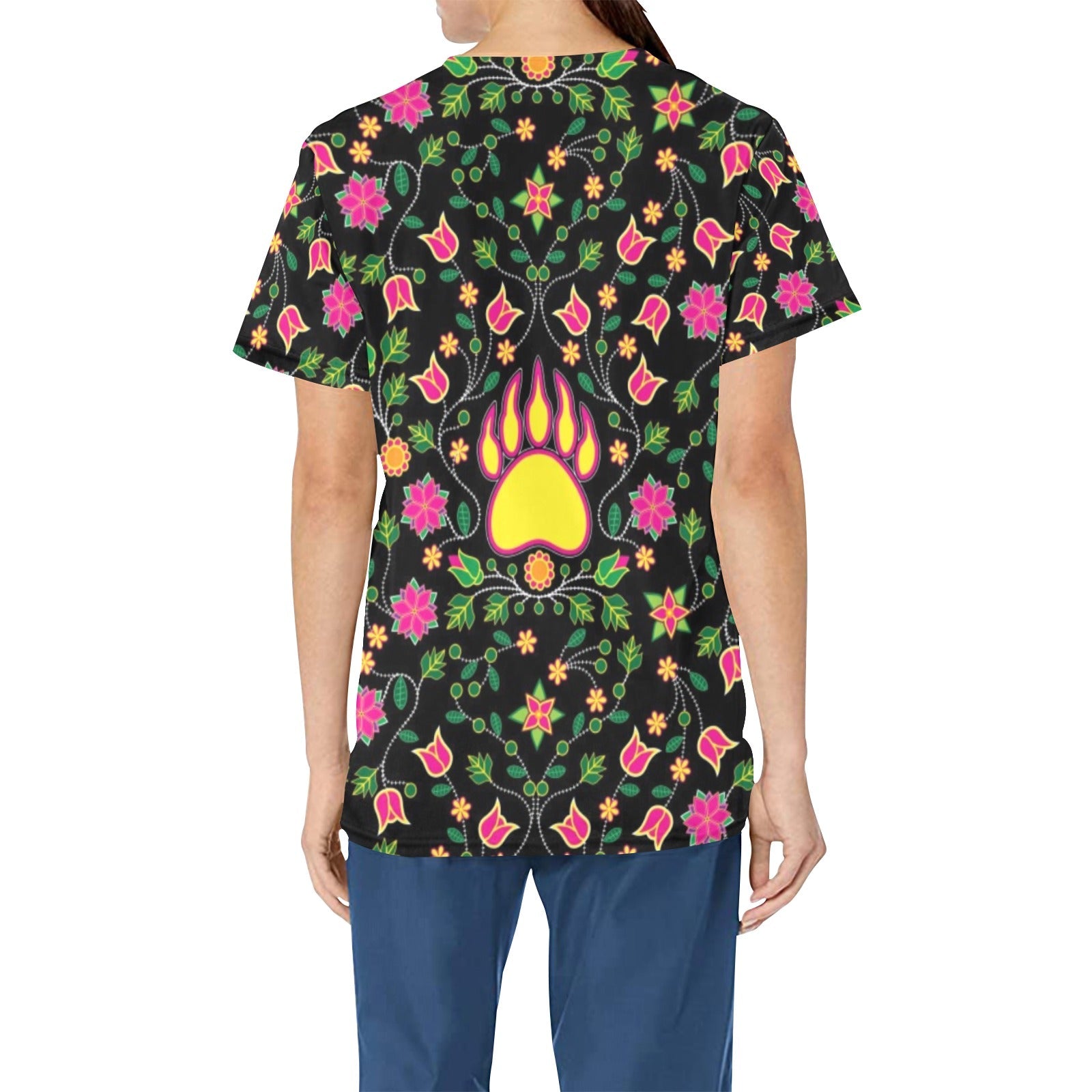 Floral Bearpaw Pink and Yellow All Over Print Scrub Top Scrub Top e-joyer