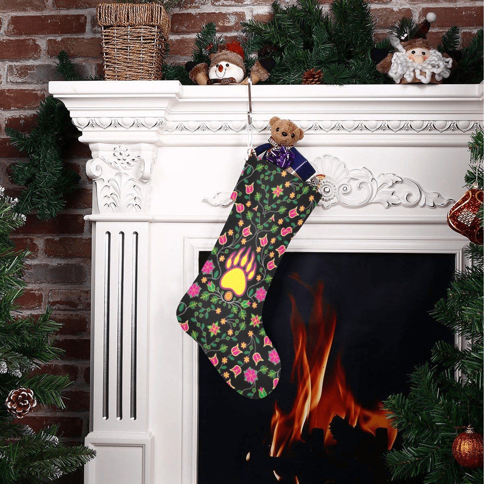 Floral Bearpaw Pink and Yellow Christmas Stocking holiday stocking e-joyer