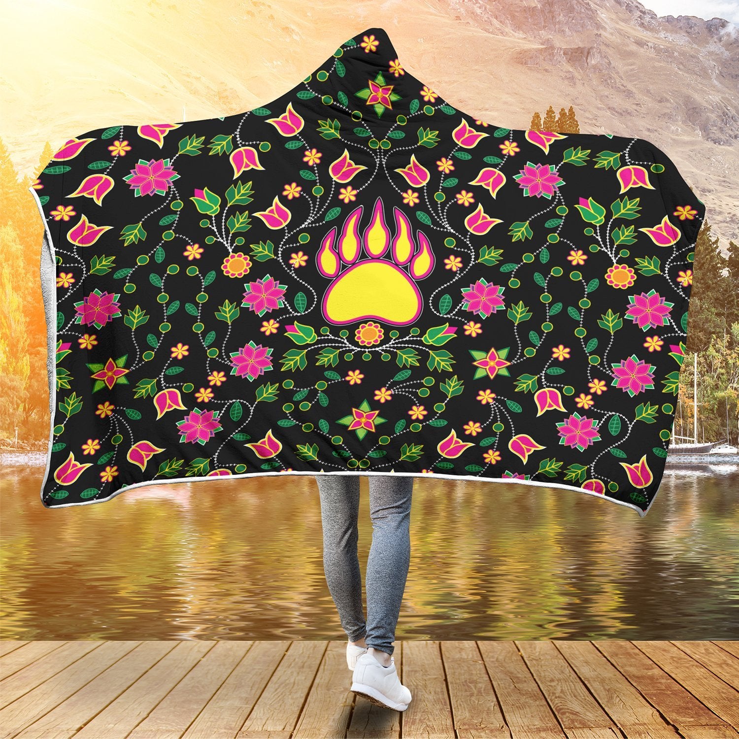 Floral Bearpaw Pink and Yellow Hooded Blanket blanket 49 Dzine