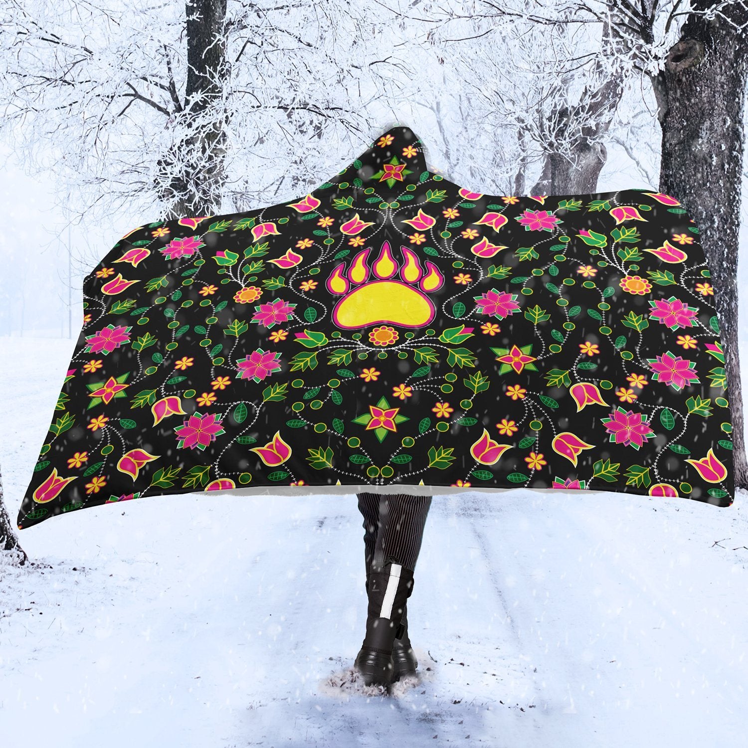 Floral Bearpaw Pink and Yellow Hooded Blanket blanket 49 Dzine