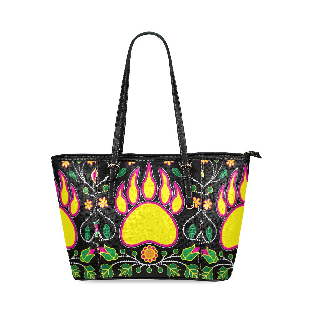 Floral Bearpaw Pink and Yellow Leather Tote Bag/Large (Model 1640) Leather Tote Bag (1640) e-joyer