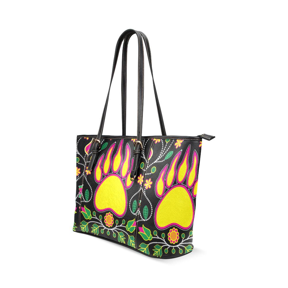Floral Bearpaw Pink and Yellow Leather Tote Bag/Large (Model 1640) Leather Tote Bag (1640) e-joyer