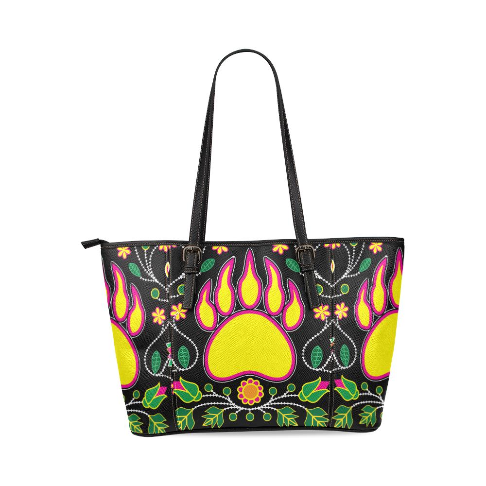 Floral Bearpaw Pink and Yellow Leather Tote Bag/Large (Model 1640) Leather Tote Bag (1640) e-joyer