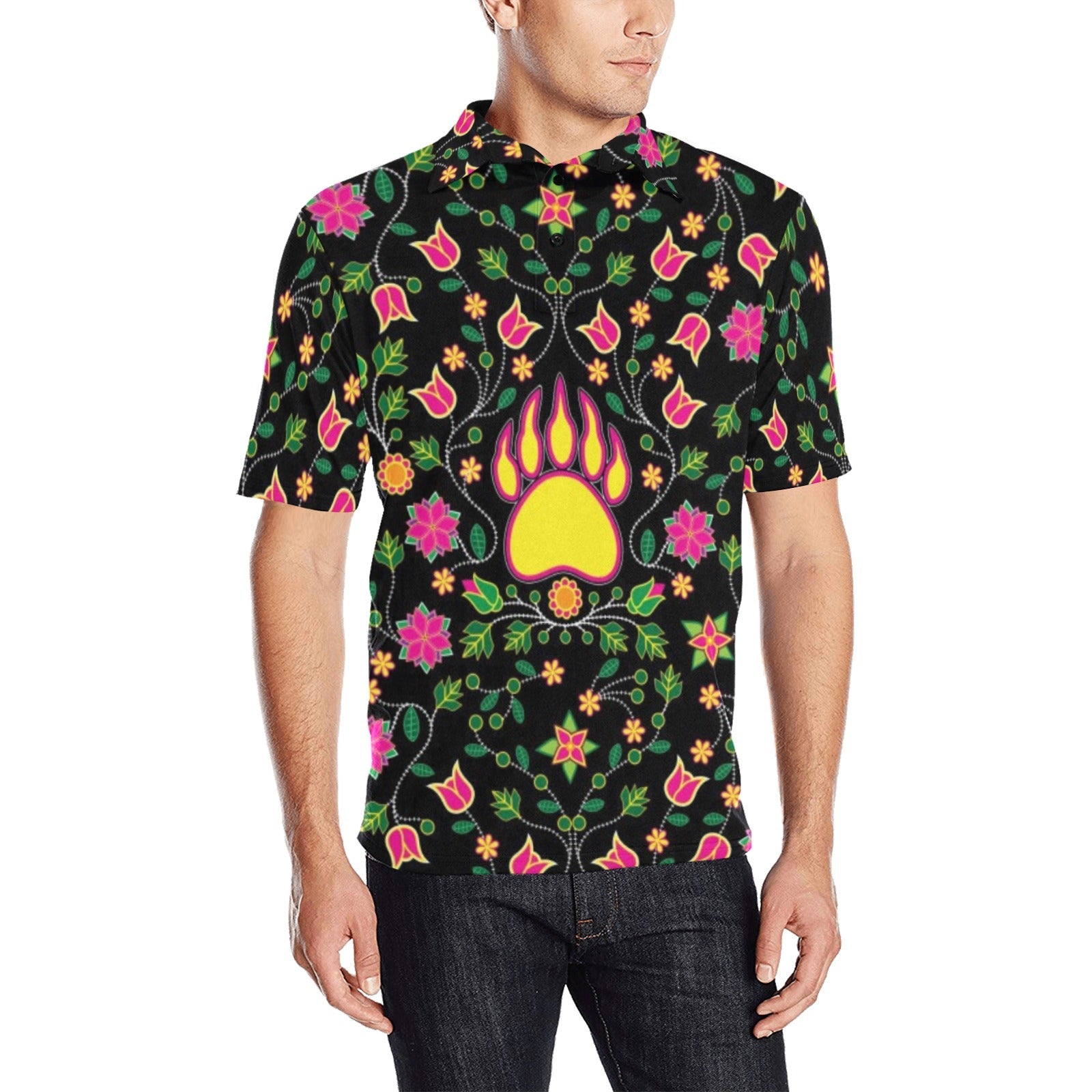 Floral Bearpaw Pink and Yellow Men's All Over Print Polo Shirt (Model T55) Men's Polo Shirt (Model T55) e-joyer