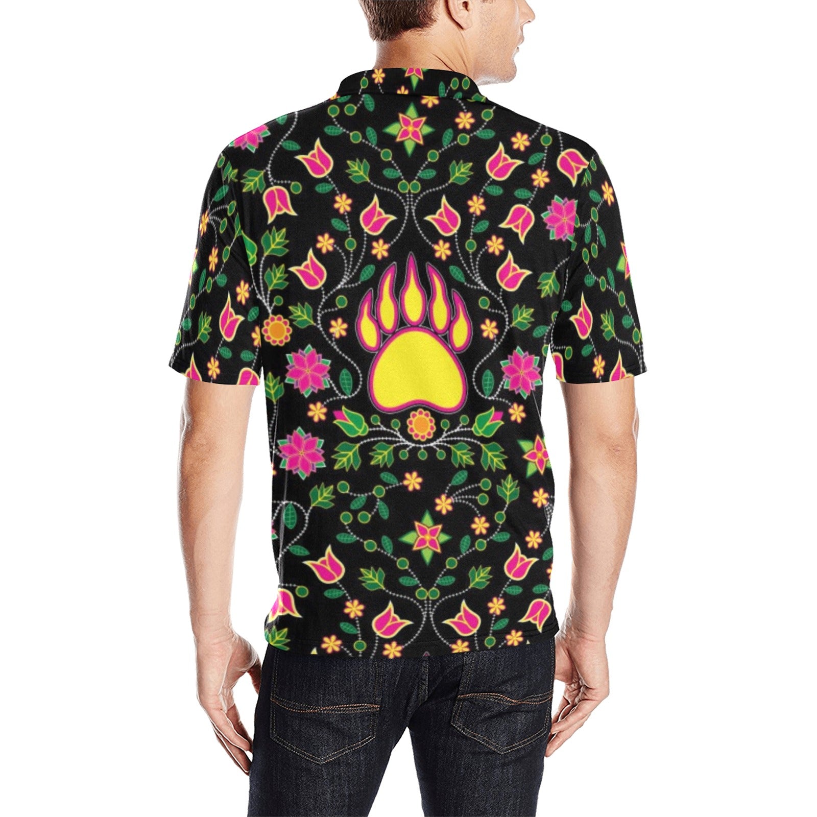 Floral Bearpaw Pink and Yellow Men's All Over Print Polo Shirt (Model T55) Men's Polo Shirt (Model T55) e-joyer
