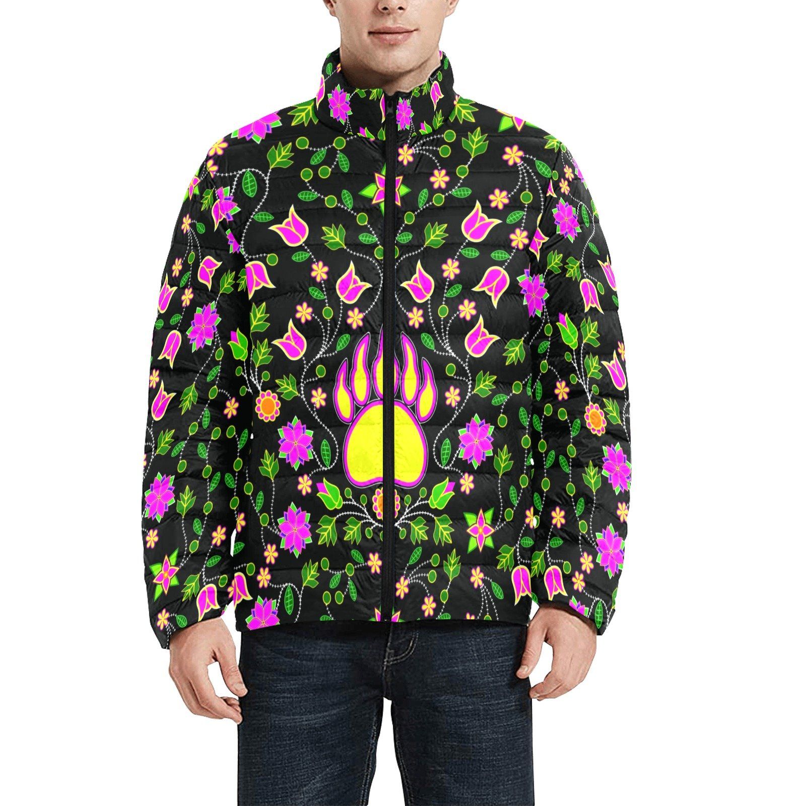 Floral Bearpaw Pink and Yellow Men's Stand Collar Padded Jacket