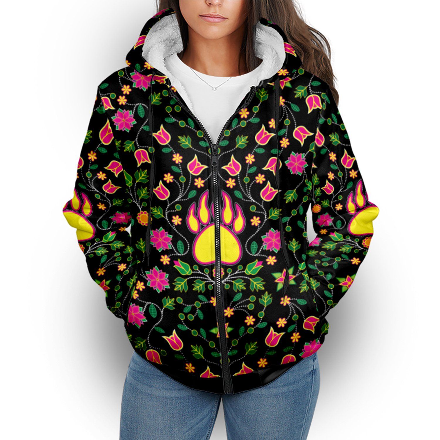 Floral Bearpaw Pink and Yellow Sherpa Hoodie hoodie Herman