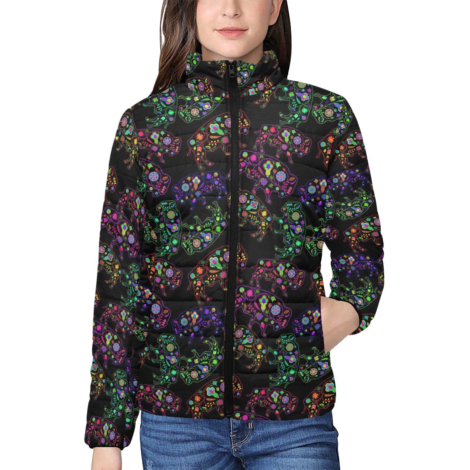 Floral Buffalo Women's Stand Collar Padded Jacket (Model H41) jacket e-joyer