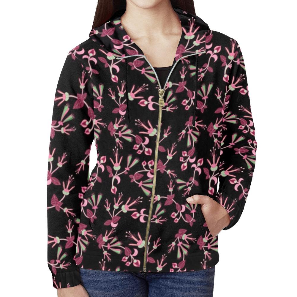 Floral Green Black All Over Print Full Zip Hoodie for Women (Model H14) All Over Print Full Zip Hoodie for Women (H14) e-joyer 