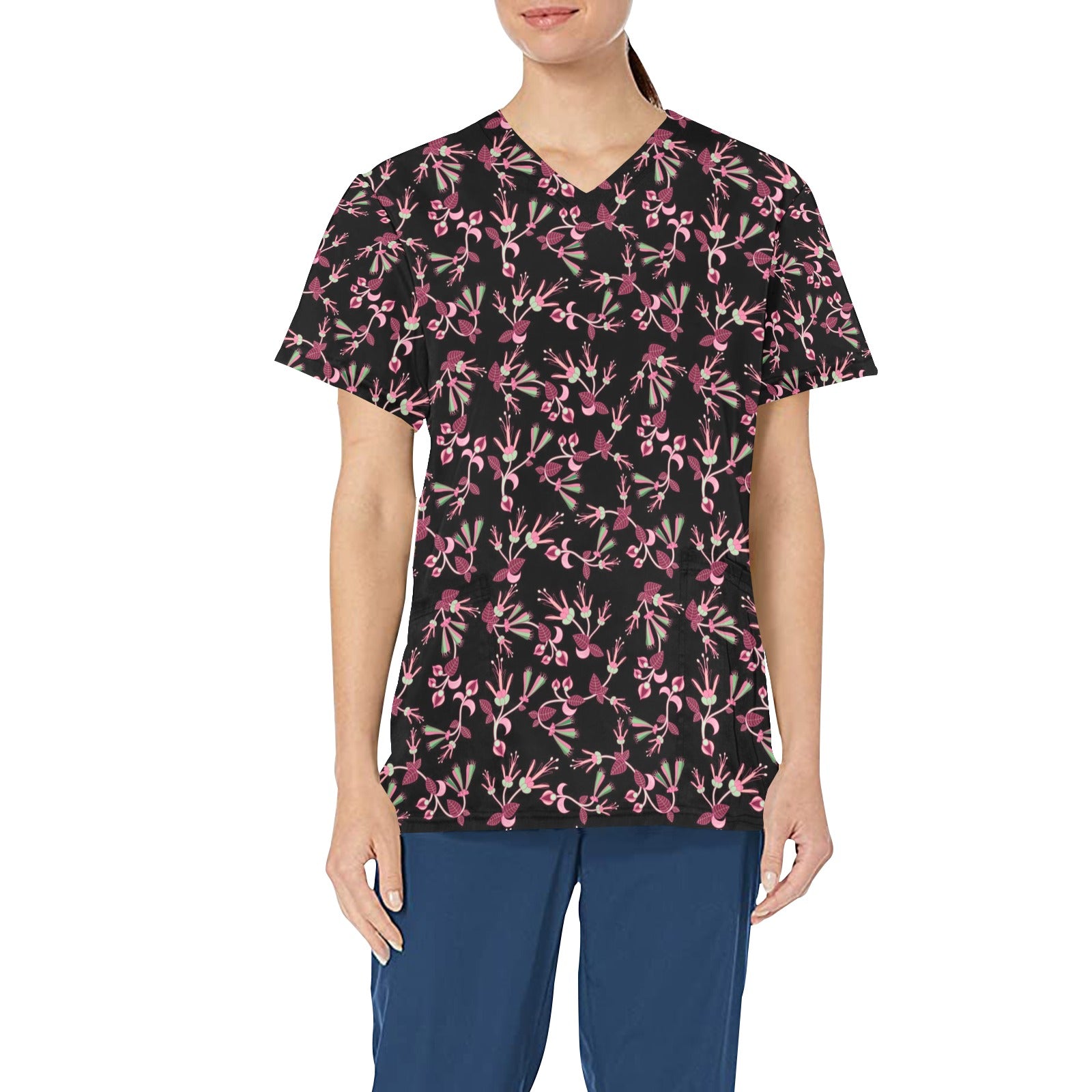 Floral Green Black All Over Print Scrub Top Scrub Top e-joyer