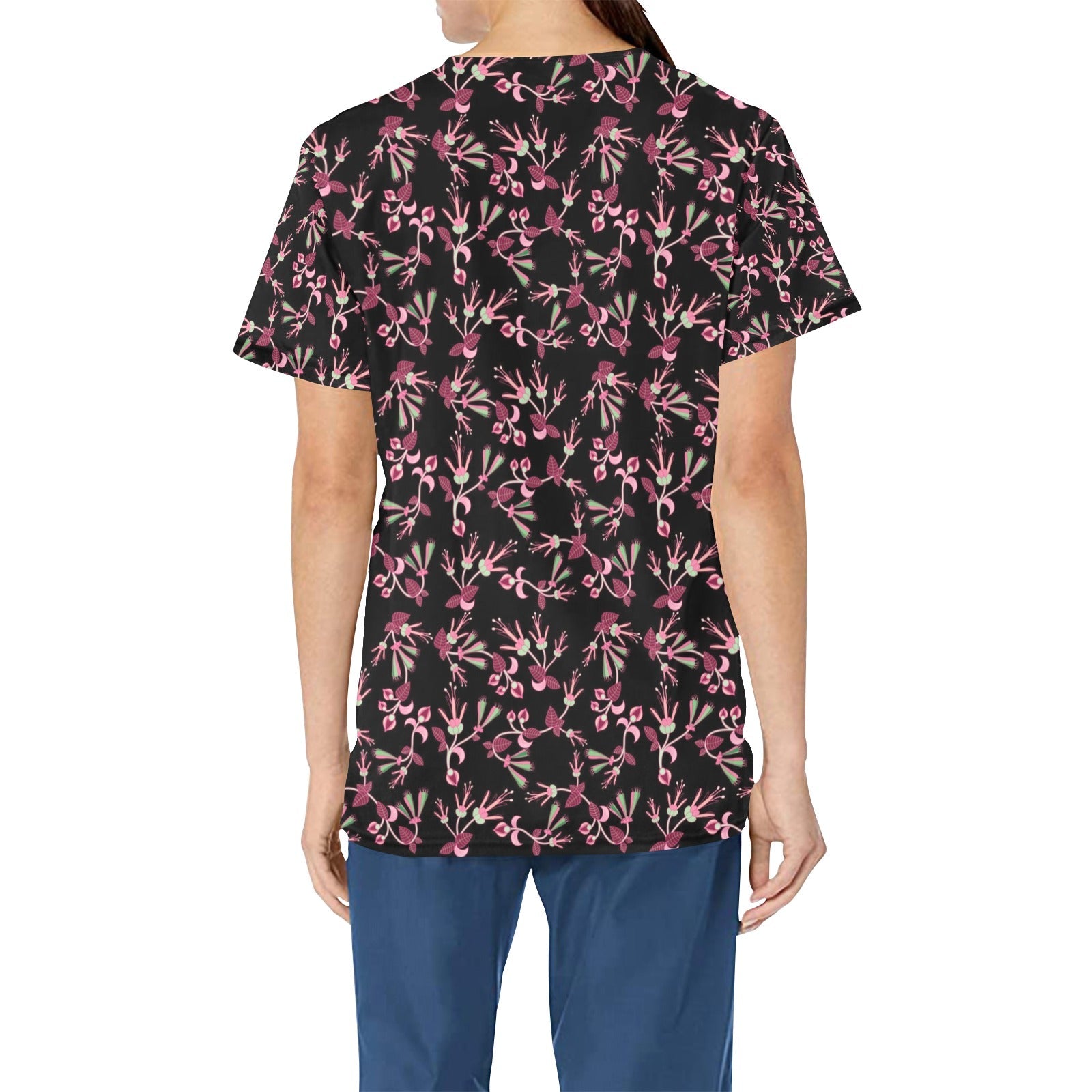 Floral Green Black All Over Print Scrub Top Scrub Top e-joyer