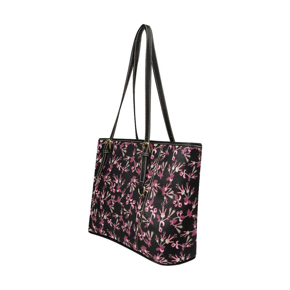 Floral Green Black Leather Tote Bag/Large (Model 1640) Leather Tote Bag (1640) e-joyer