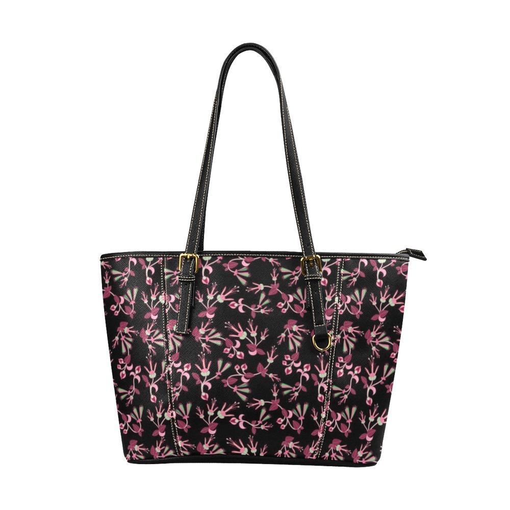 Floral Green Black Leather Tote Bag/Large (Model 1640) Leather Tote Bag (1640) e-joyer