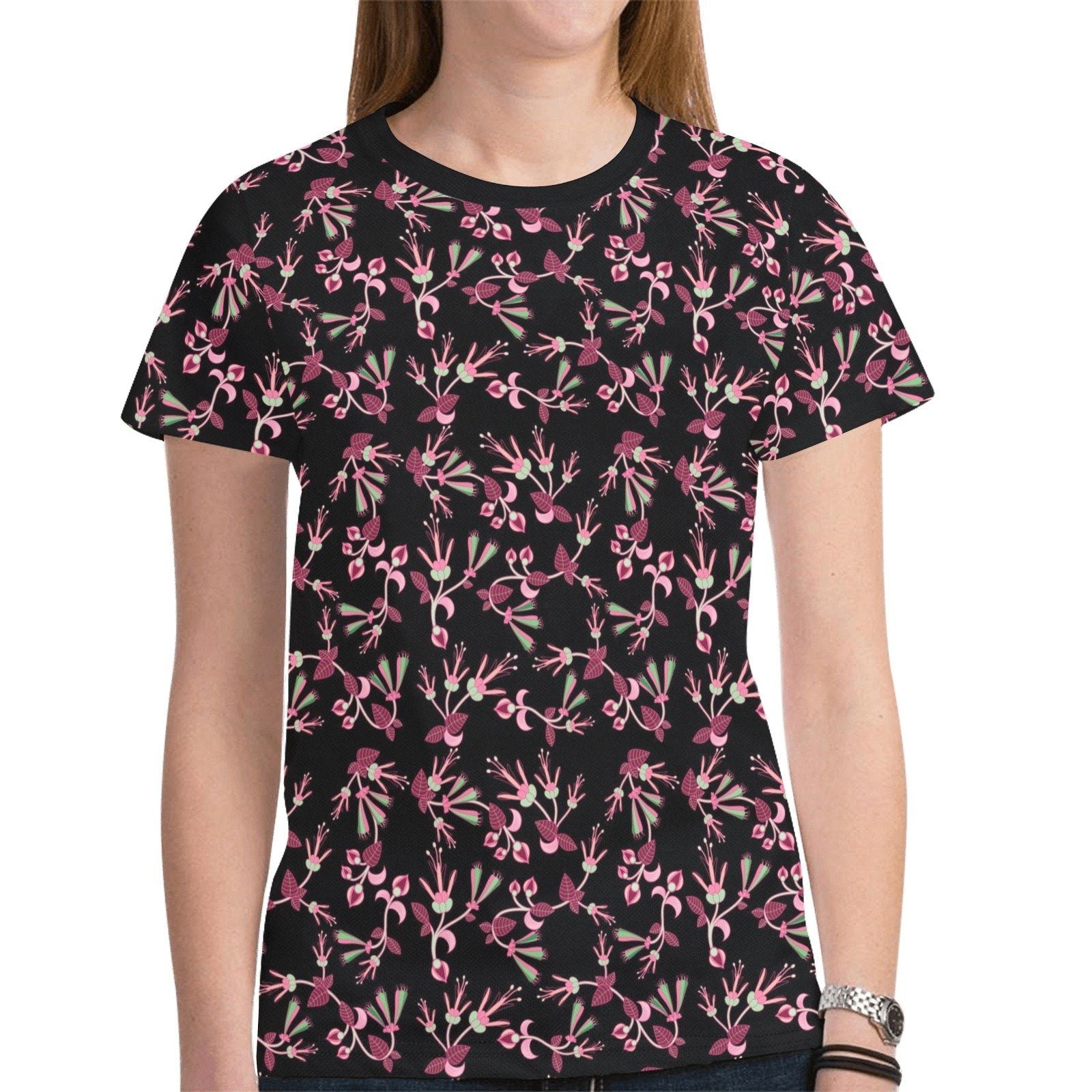 Floral Green Black New All Over Print T-shirt for Women (Model T45) tshirt e-joyer