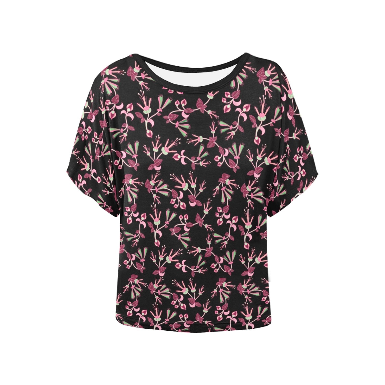 Floral Green Black Women's Batwing-Sleeved Blouse T shirt (Model T44) Women's Batwing-Sleeved Blouse T shirt (T44) e-joyer 