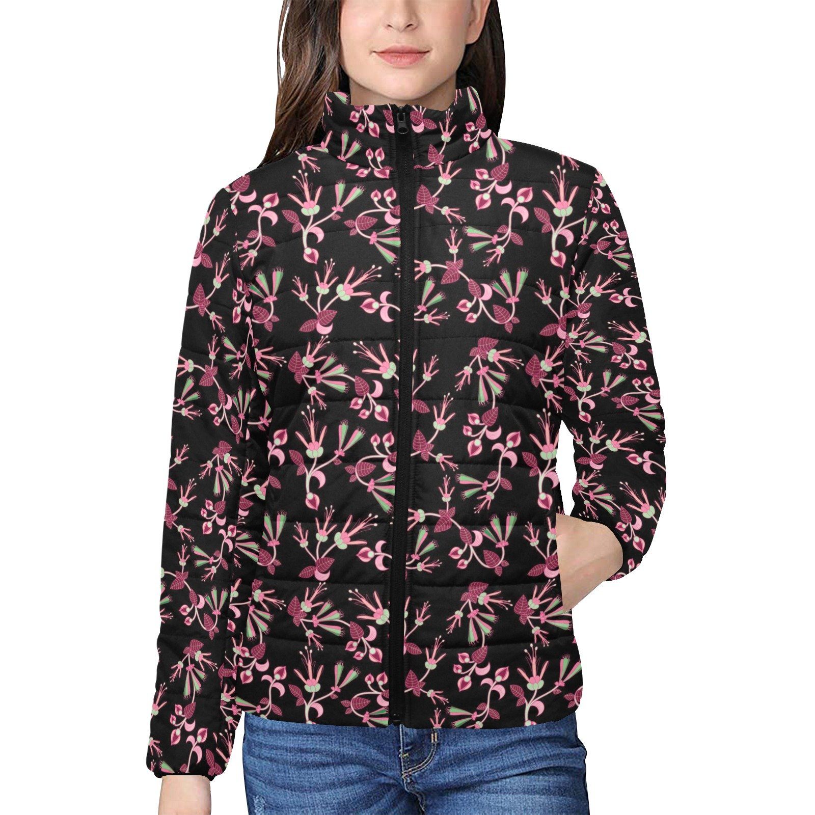 Floral Green Black Women's Stand Collar Padded Jacket (Model H41) jacket e-joyer