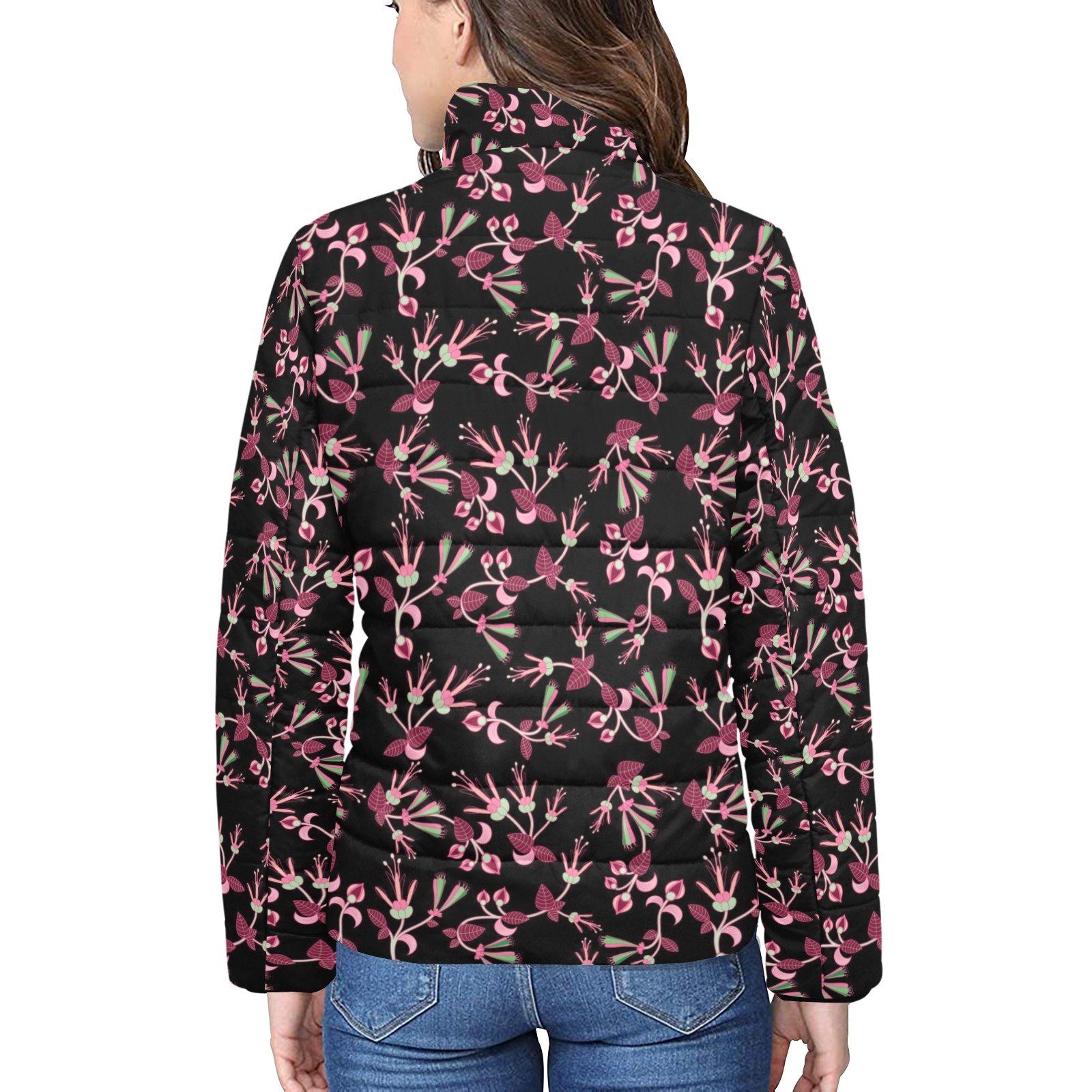 Floral Green Black Women's Stand Collar Padded Jacket (Model H41) jacket e-joyer