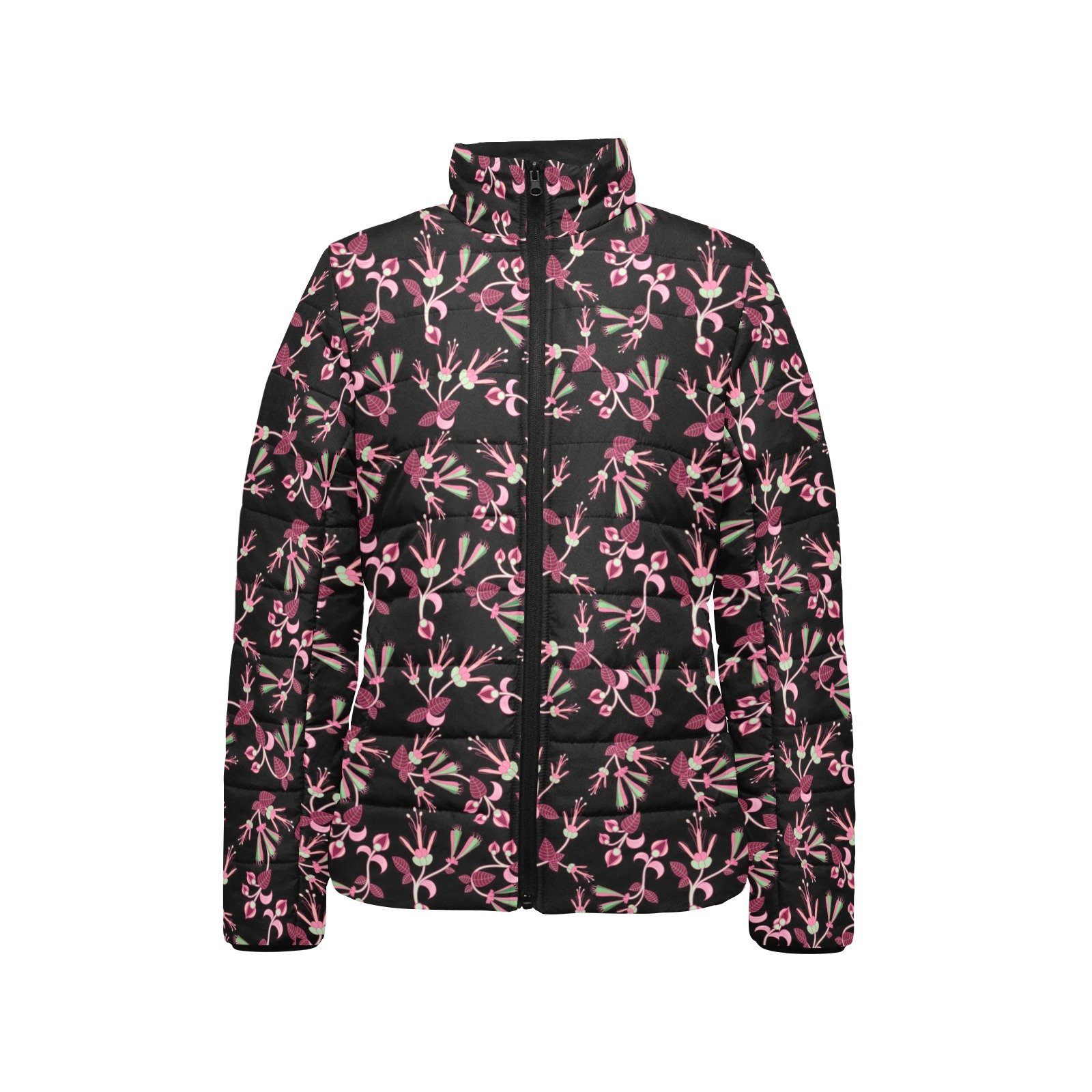 Floral Green Black Women's Stand Collar Padded Jacket (Model H41) jacket e-joyer