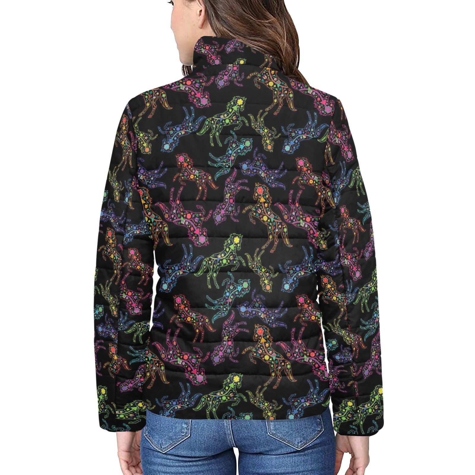 Floral Horse Women's Stand Collar Padded Jacket (Model H41) jacket e-joyer