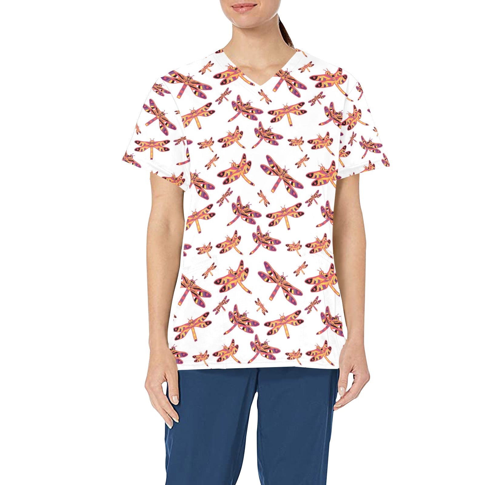 Gathering White All Over Print Scrub Top Scrub Top e-joyer