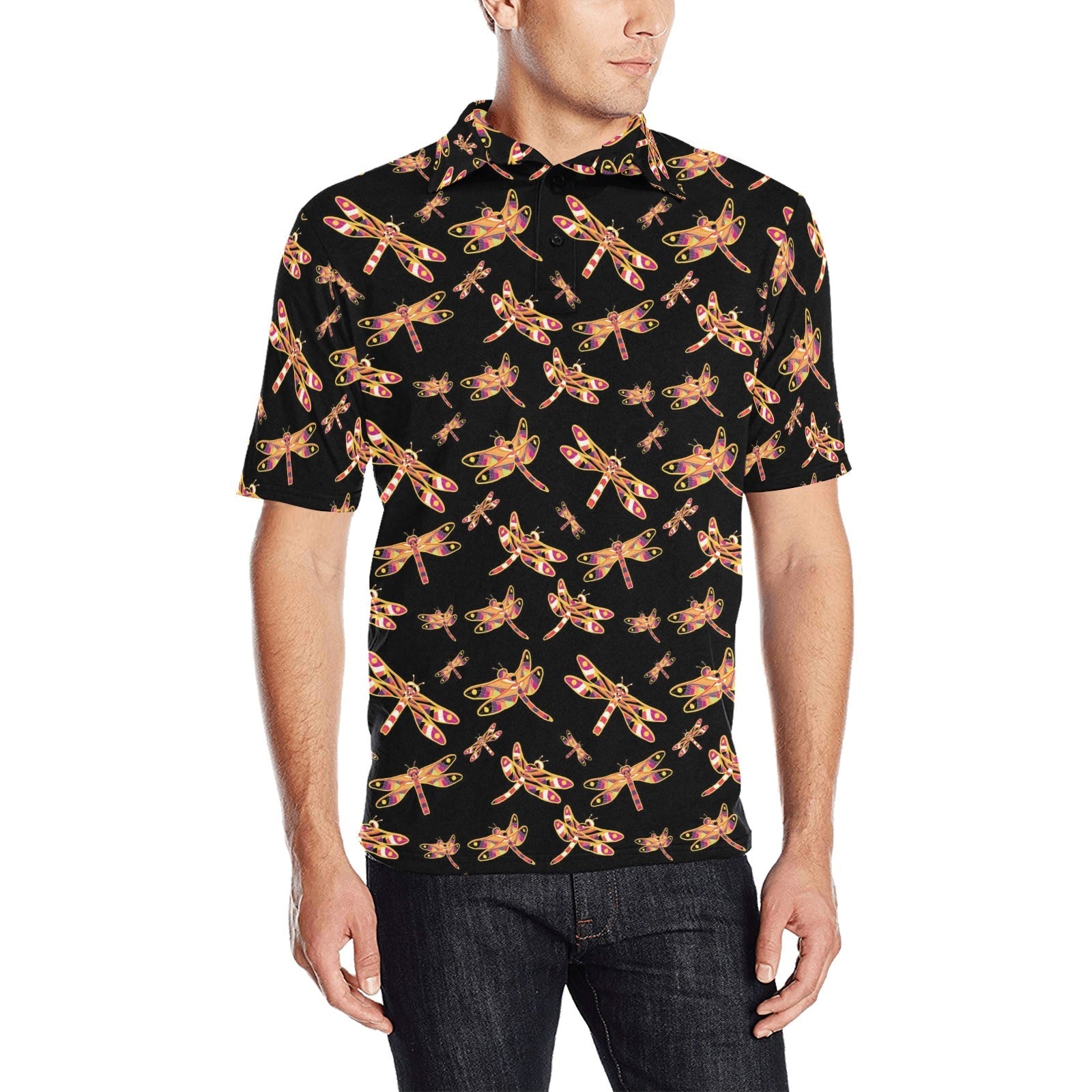 Gathering Yellow Black Men's All Over Print Polo Shirt (Model T55) Men's Polo Shirt (Model T55) e-joyer