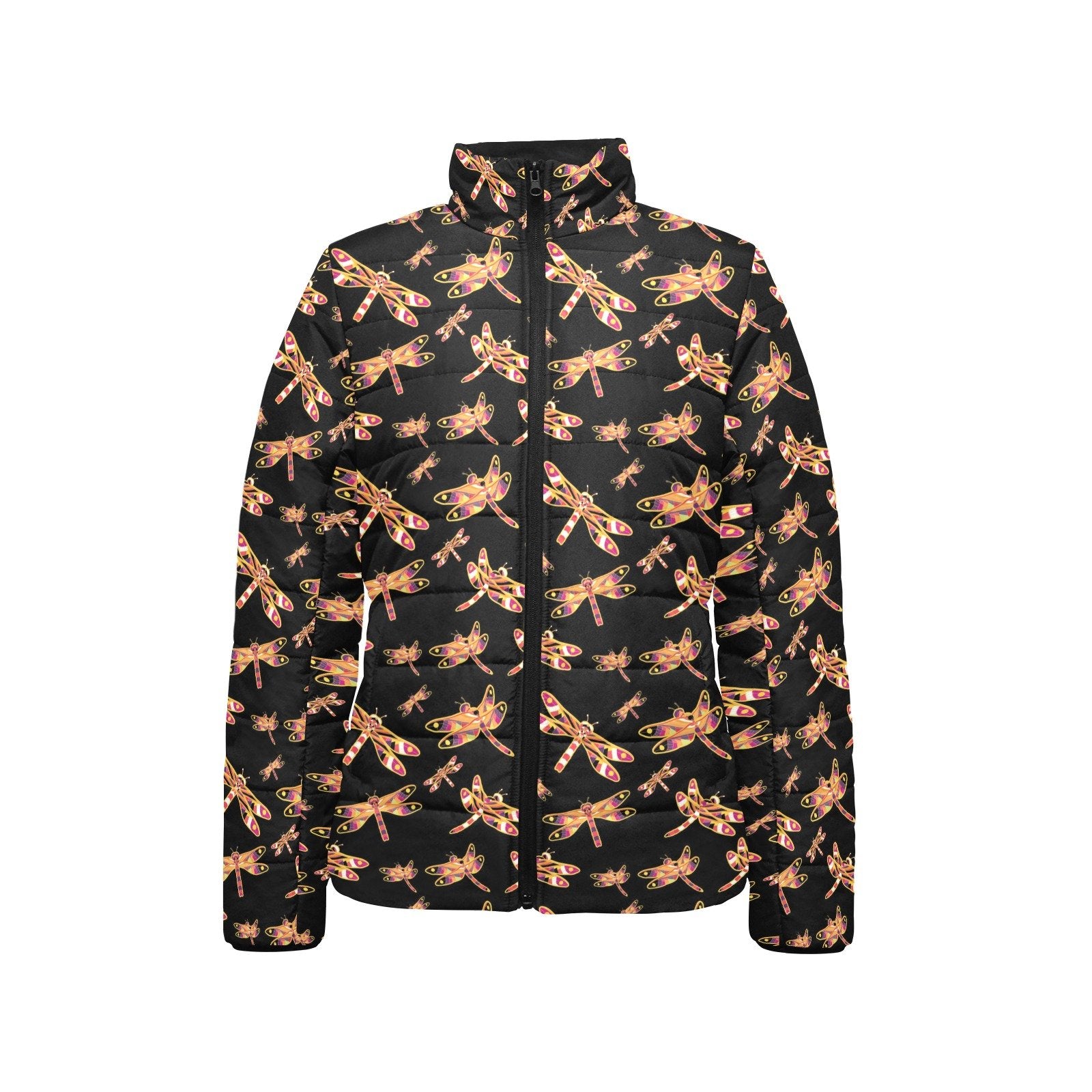 Gathering Yellow Black Women's Stand Collar Padded Jacket (Model H41) jacket e-joyer