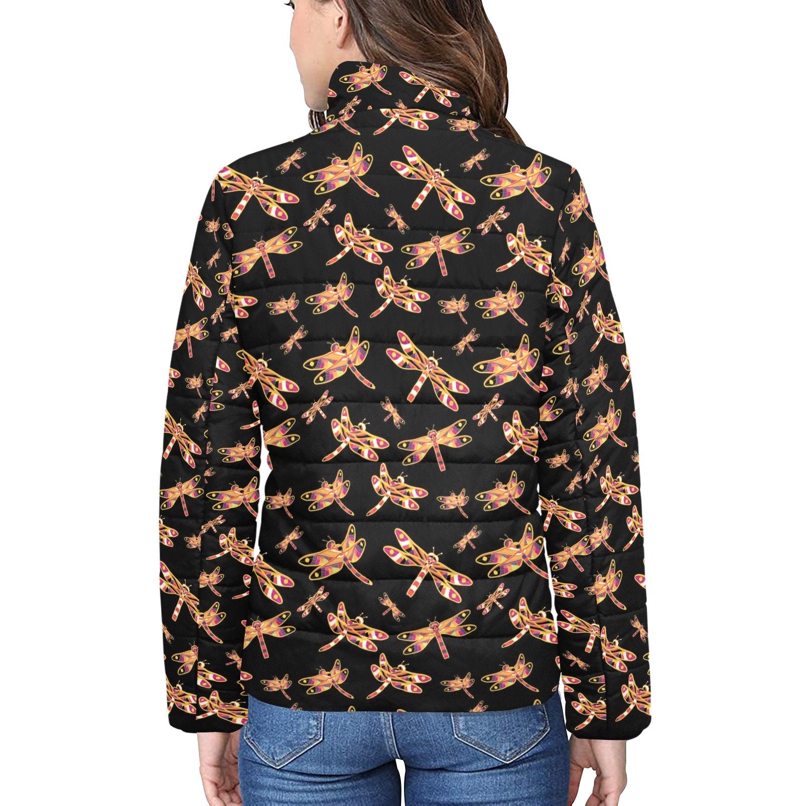 Gathering Yellow Black Women's Stand Collar Padded Jacket (Model H41) jacket e-joyer