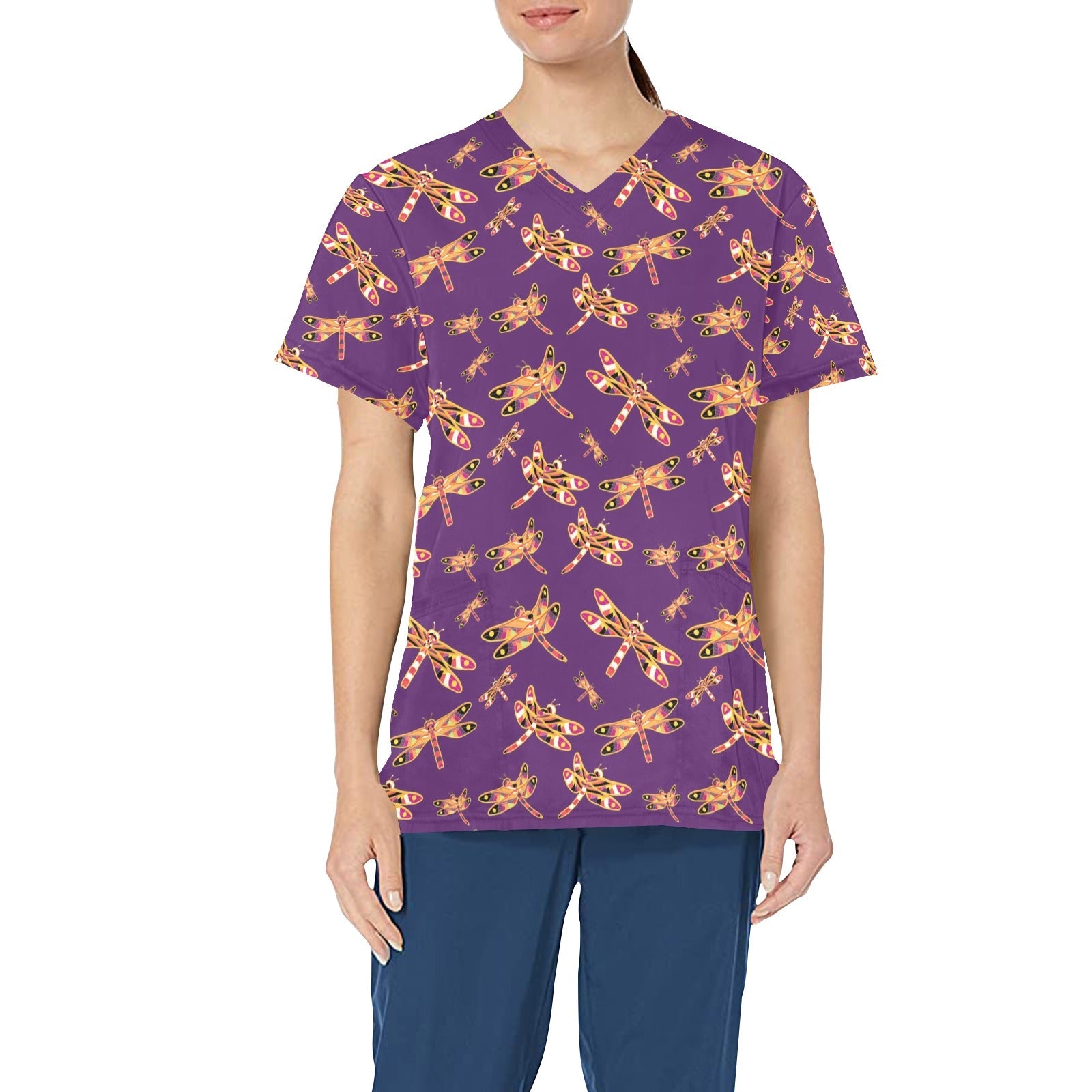 Gathering Yellow Purple All Over Print Scrub Top Scrub Top e-joyer