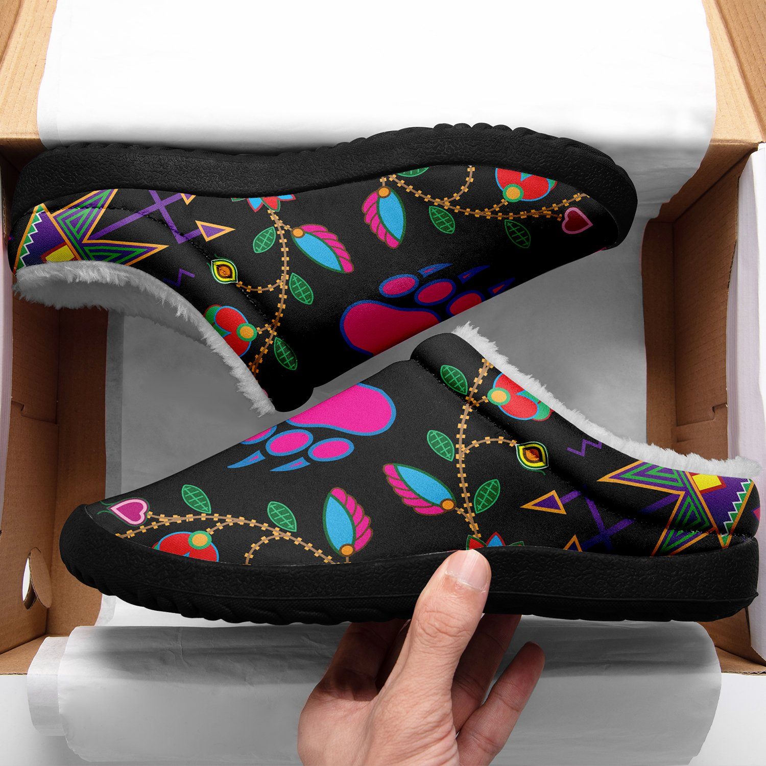 Geometric Floral Fall Black Ikinnii Indoor Slipper 49 Dzine