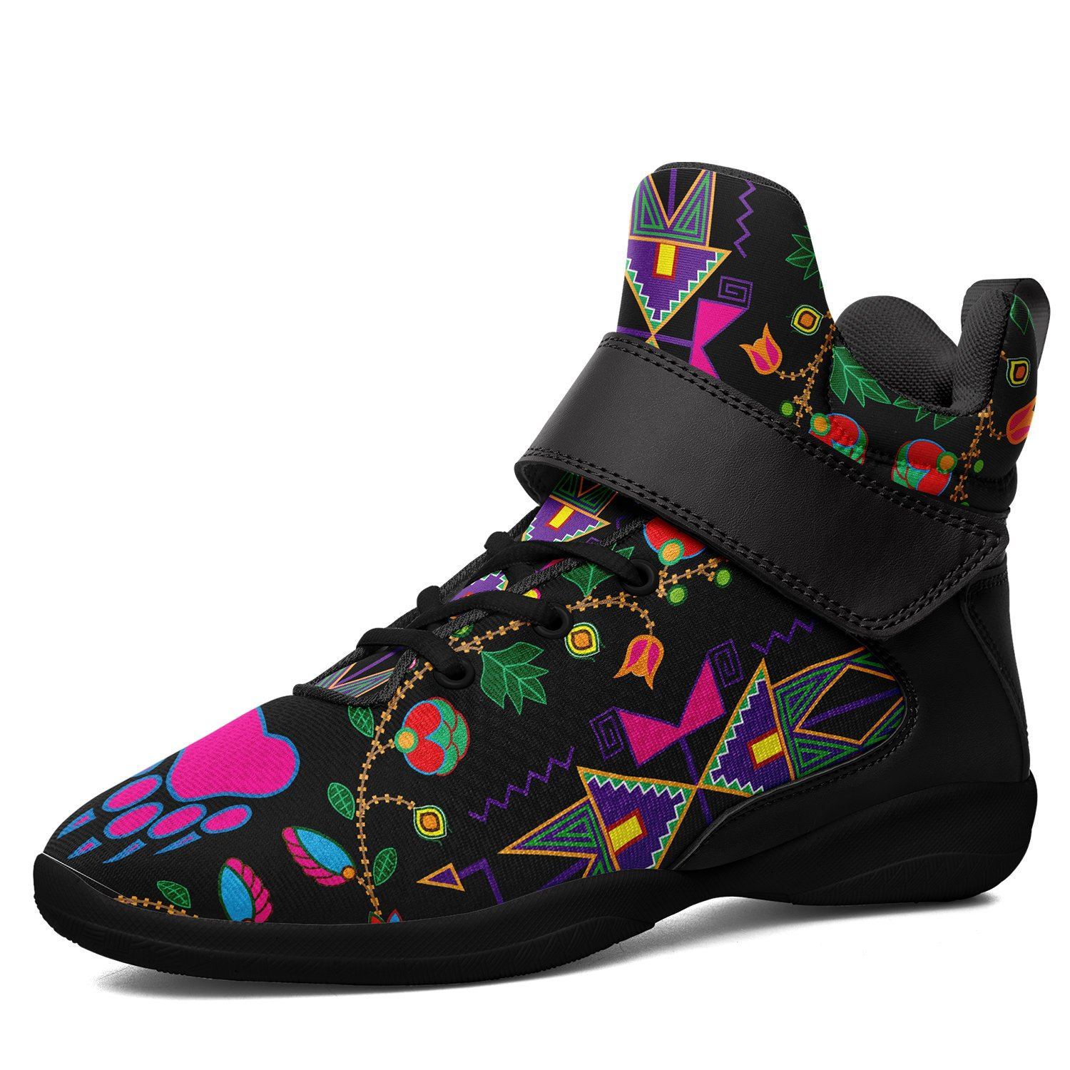 Geometric Floral Fall Black Kid's Ipottaa Basketball / Sport High Top Shoes 49 Dzine US Women 4.5 / US Youth 3.5 / EUR 35 Black Sole with Black Strap 