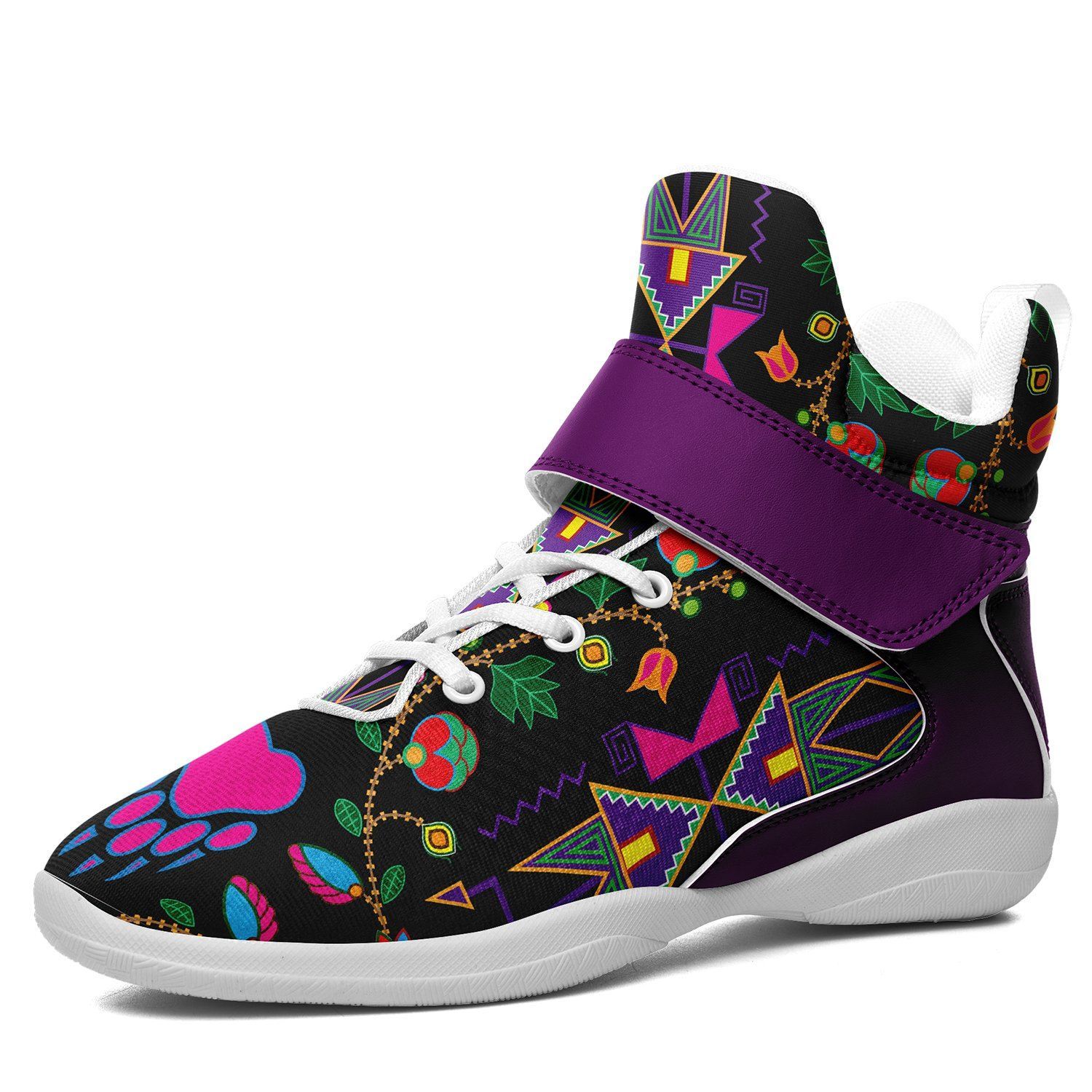 Geometric Floral Fall Black Kid's Ipottaa Basketball / Sport High Top Shoes 49 Dzine US Women 4.5 / US Youth 3.5 / EUR 35 White Sole with Indigo Strap 